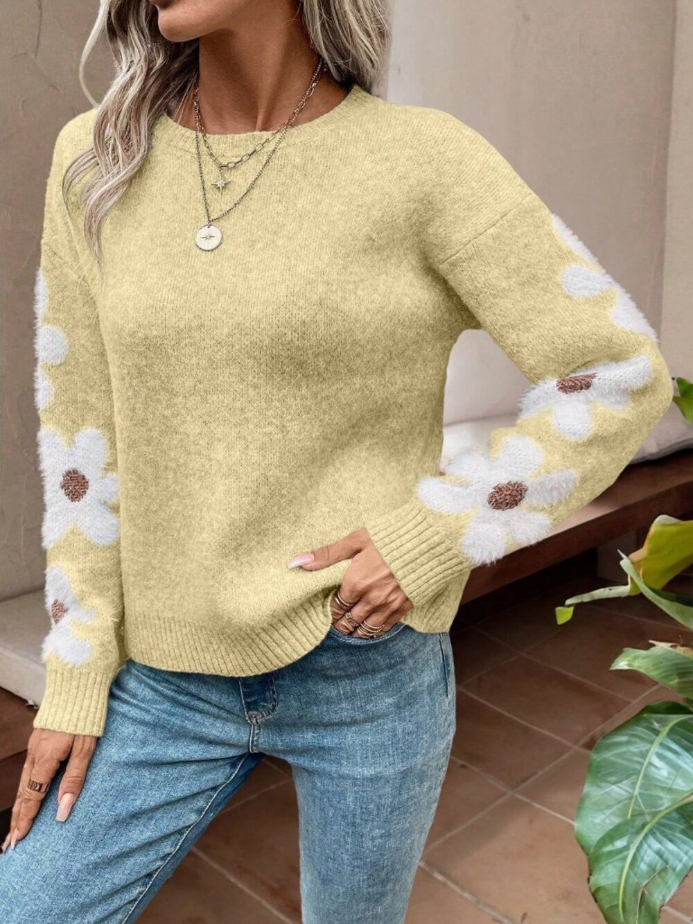 Apricot Women's Casual Floral Pattern Crew Neck Long Sleeve Pullover Sweater - Picture 6 of 6